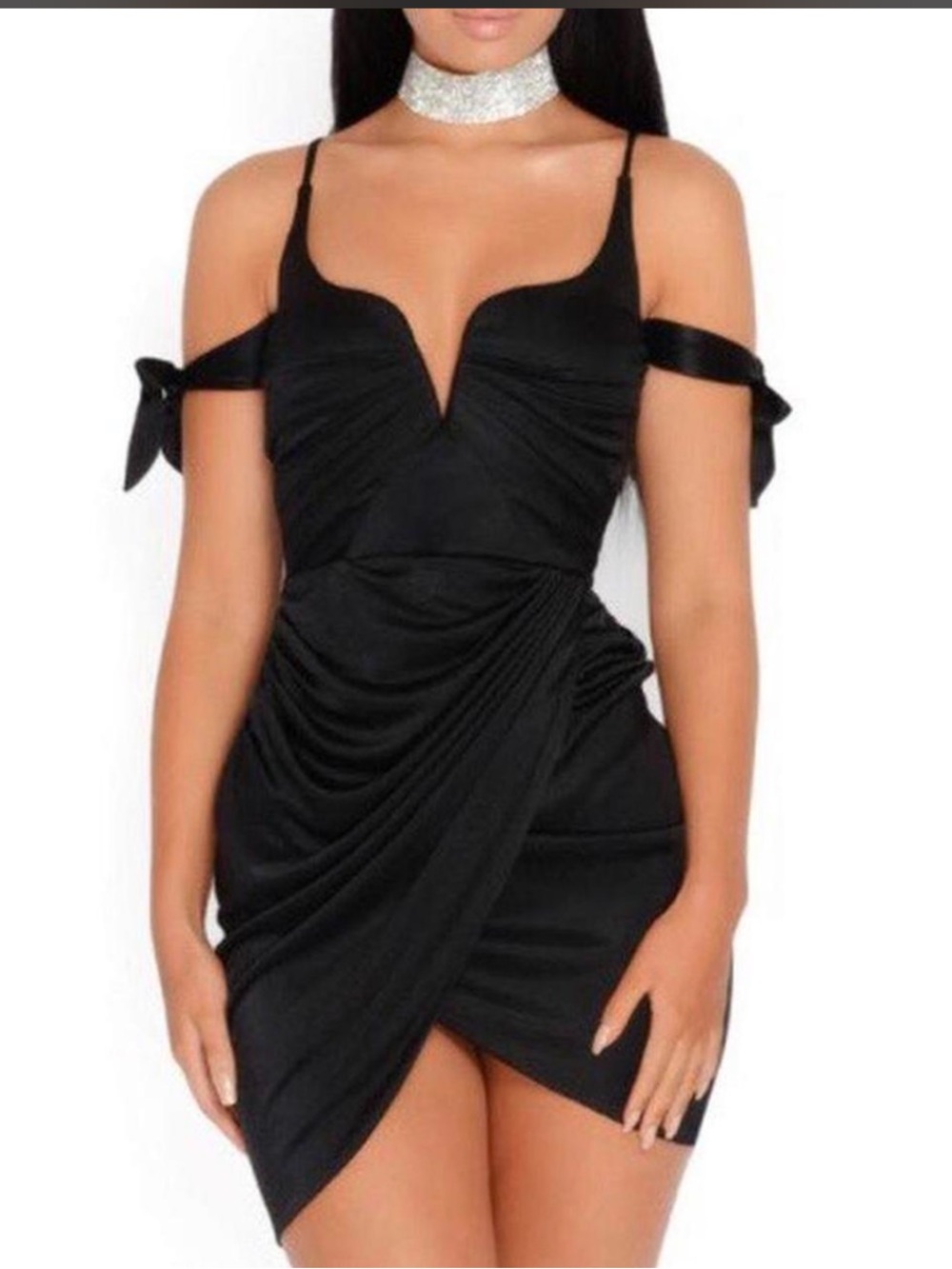 Oh Polly Black Cold-Shoulder Ruched Wrap Mini Dress